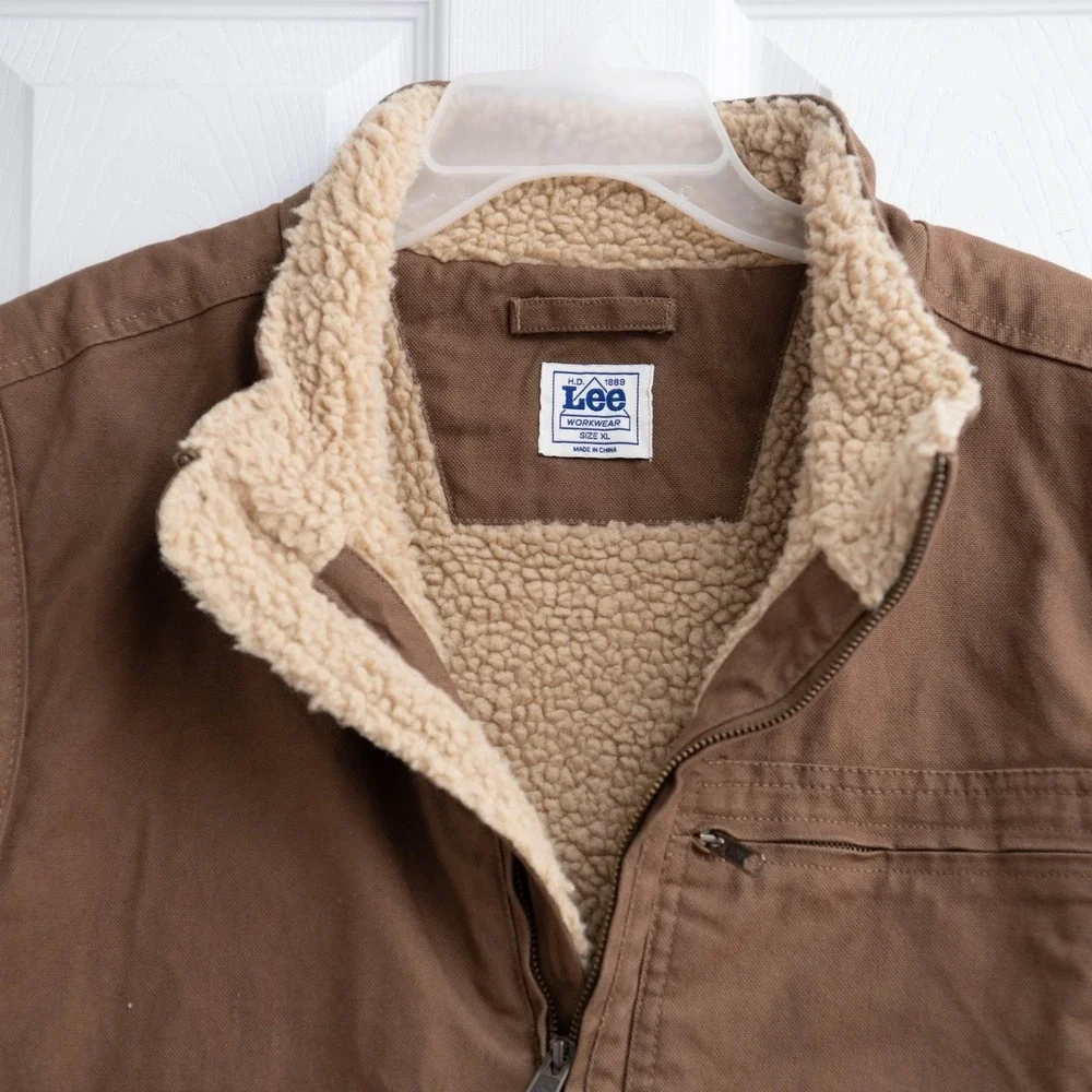 LEE Workwear XL Brown Canvas Carhartt Style Sherpa Lined Utility Duck Vest Tough